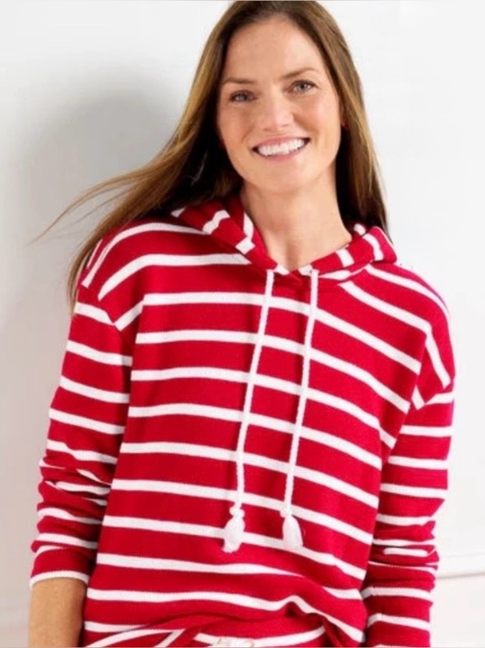 Talbot’s Hoodie Red White Stripes Cotton Drawstring Size XL Side Slits NEW - Picture 3 of 8
